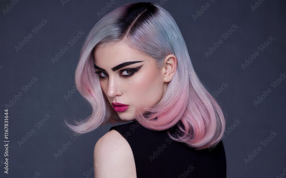 A woman with a striking appearance. She has pastel-colored hair, transitioning from a light shade at the roots to a vibrant pink at the tips. A woman with a striking appearance. She has pastel-colored hair, transitioning from a light shade at the roots to a vibrant pink at the tips.