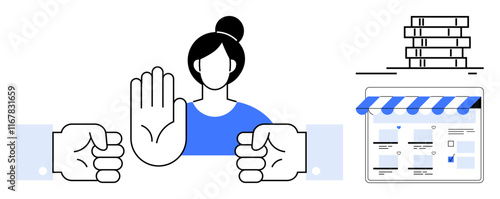 Woman acts as mediator between two individuals in conflict. Raised hand signifies stop or pause. Business environment with a shop front and stacked items. Ideal for conflict resolution, mediation