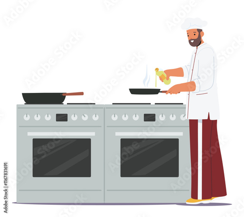 Master chef cartoon character in uniform cooking restaurant dish at professional kitchen scene