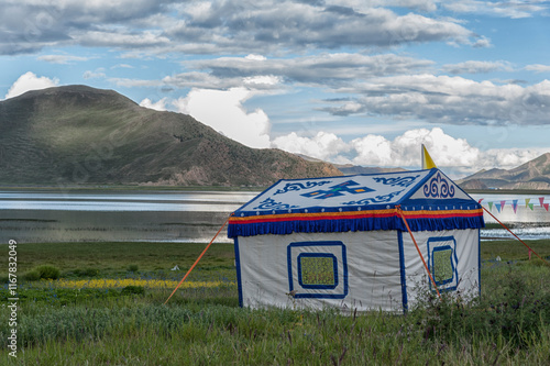 Beautiful tibetan landscape beetwen Samding Monastery on Yamdrok Lake, Tibet