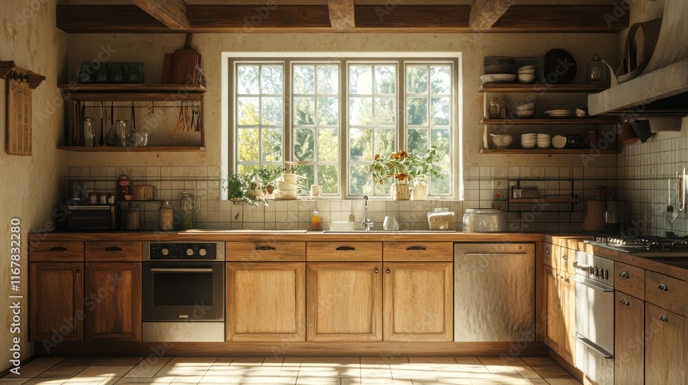 Cozy rustic kitchen with sunlight streaming through a large window, showcasing wooden cabinets, shelves, and a tiled backsplash. Cozy rustic kitchen with sunlight streaming through a large window, showcasing wooden cabinets, shelves, and a tiled backsplash.