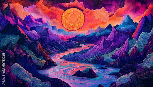 psychedelic landscape art mouintains flowing rivers photo