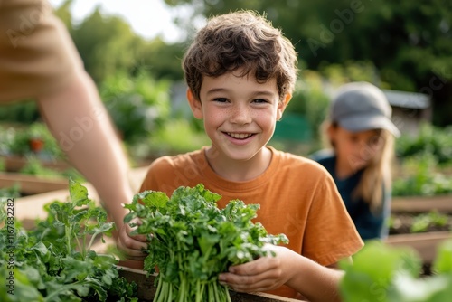 Wallpaper Mural Happy child harvesting fresh greens in a vibrant community garden on a sunny afternoon Torontodigital.ca