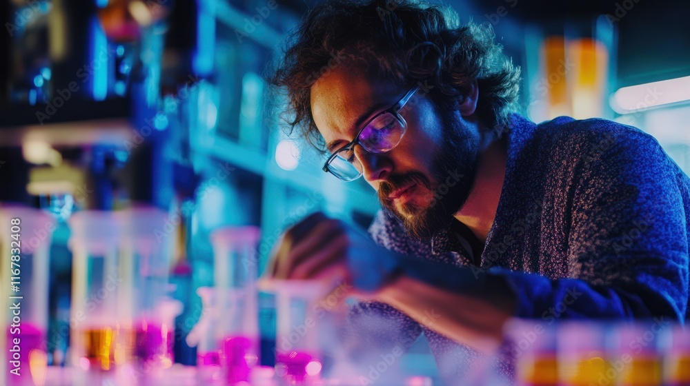 Obraz premium Focused scientist working in a laboratory, examining colorful liquid samples in beakers under vibrant neon lighting.