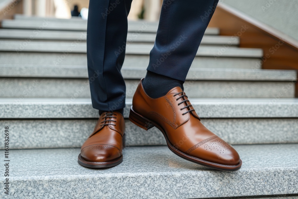 Elegant brown leather shoes enhance sophisticated style on polished marble steps in a modern setting Elegant brown leather shoes enhance sophisticated style on polished marble steps in a modern setting