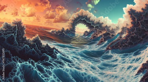Fractal coastline, infinitely detailed shoreline, recursive island patterns, self-similar waves, mandelbrot set beaches, resolution. Shoreline. Illustration