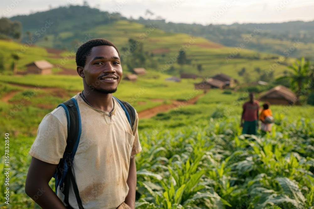 Young man smiles amidst lush green fields in a vibrant farming community during early morning light in rural Africa Young man smiles amidst lush green fields in a vibrant farming community during early morning light in rural Africa