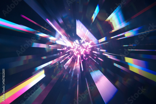 A vibrant and dynamic digital artwork. It features a central explosion or burst of light, radiating outward in a radial pattern.