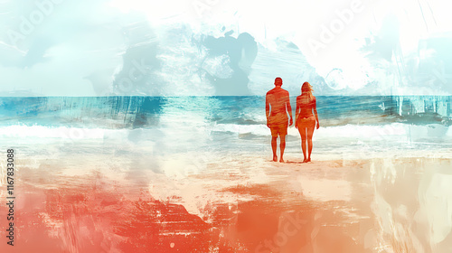 Lifeguard and beachgoer on summer shoreline, abstract blurred image. Shoreline. Illustration photo