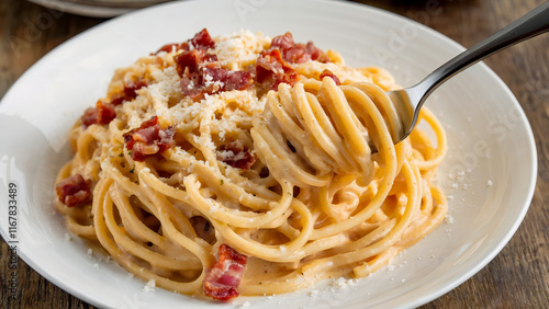 Classic Spaghetti Carbonara with Crispy Bacon and Parmesan - Authentic Italian Cuisine photo