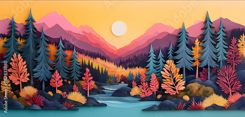 A paper cut illustration depicting an autumn mountain forest with trees a river and a sunset in the background This artwork is made with colorful paper with intricate photo