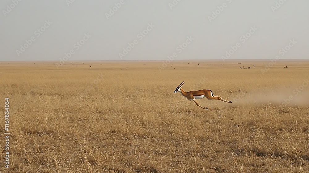 A gazelle leaps across a vast, dry savanna grassland, kicking up dust. A gazelle leaps across a vast, dry savanna grassland, kicking up dust.