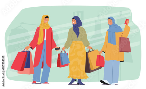 Arab woman wearing hijab headscarf walking carrying shopping bags sharing expression after purchases