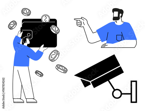 Man holding oversized wallet with coins falling out, another person pointing, security camera. Ideal for themes such as finance, security, surveillance, e-commerce, financial management, caution