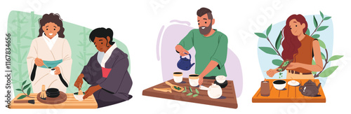 Diverse people cartoon character brewing herbal drink preparing asian tea ceremony scene set