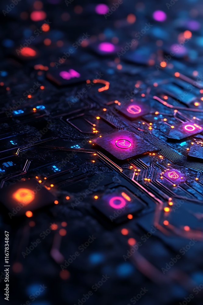 Fototapeta premium 3D render of digital technology interface with floating neon symbols and lines 
