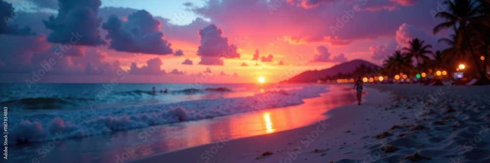 Fototapeta premium Blurry sunset, beach resort ambiance, fairy lights glow, sea, golden, bokeh