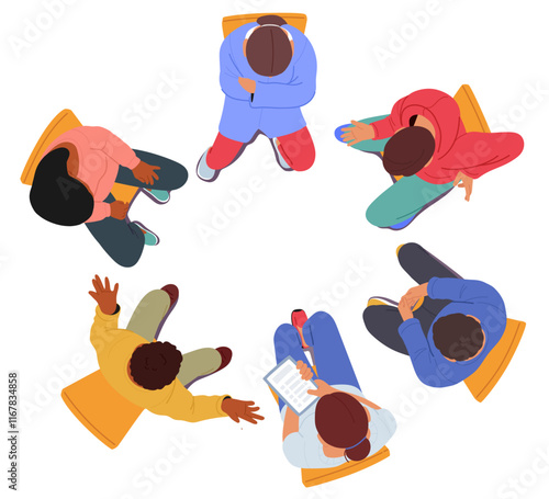 High angle view of diverse people cartoon characters having meeting sitting on chair in circle