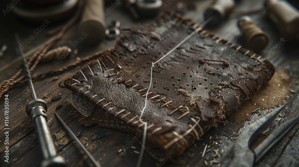 Old leather book with stitching on a workbench. Old leather book with stitching on a workbench.