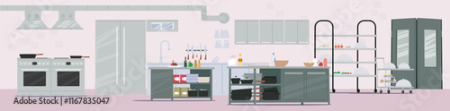 Empty well-equipped restaurant kitchen design interior with oven, refrigerator and cookware