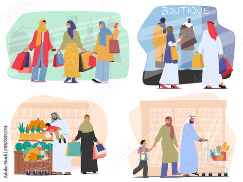 Arab people characters shopping at clothing shop, fashion boutique, supermarket or grocery store