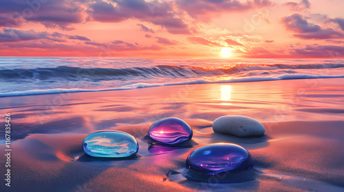 Colorful glass stones reflecting sunset over sandy beach shoreline at dusk. thalassic. illustration. Shoreline. Illustration
