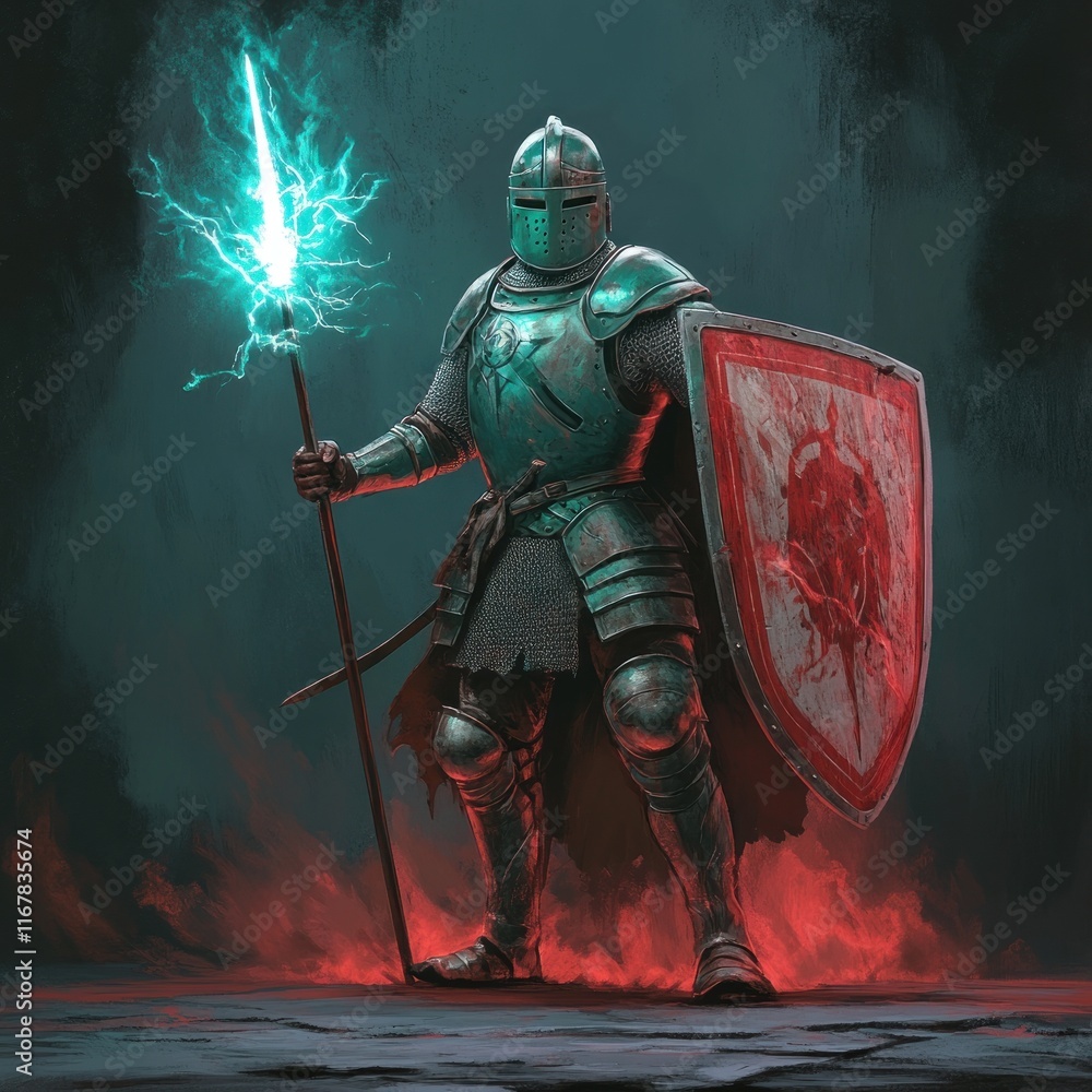 Naklejka premium A knight in armor wielding a glowing spear and shield, set against a dark, dramatic background.