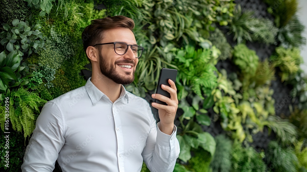 Happy businessman uses phone near green wall Happy businessman uses phone near green wall