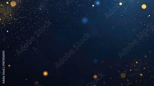 Abstract background with Dark blue and gold particle. Christmas Golden light shine particles bokeh on navy blue background. Gold foil texture. Holiday concept.