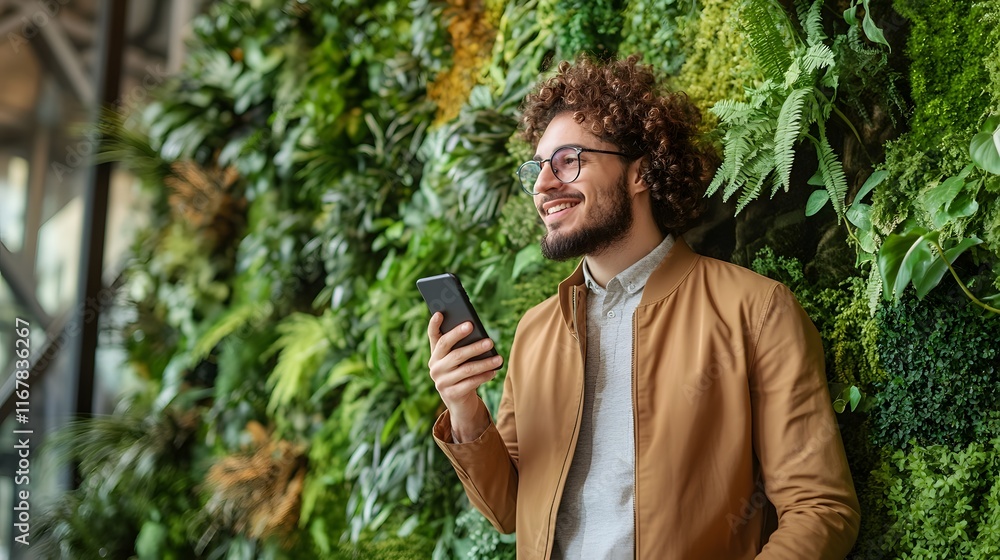 Man uses phone against a vibrant green wall Man uses phone against a vibrant green wall