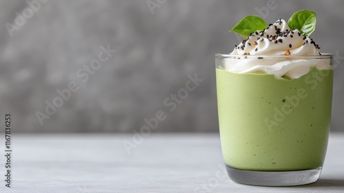 A refreshing green dessert topped with whipped cream and garnished with mint leaves, artfully presented to emphasize its creamy texture and vibrant color contrast. photo