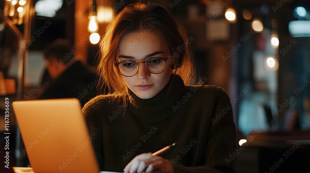 Woman Working Late On Laptop In Coffee Shop Woman Working Late On Laptop In Coffee Shop