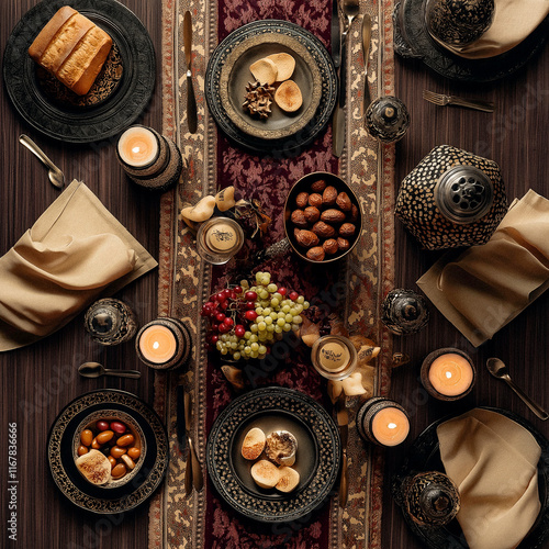 A beautifully crafted Ramadan Iftar table with traditional foods, dates, bread, and tea, reflecting the joy and spirit of breaking fast photo