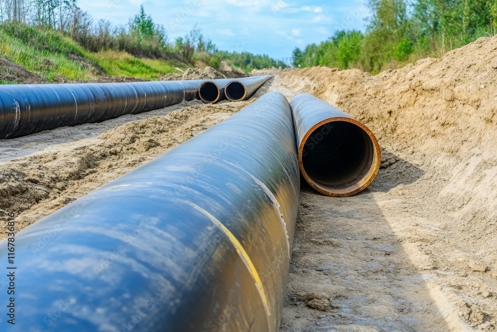 Long black pipe is laying on the ground Long black pipe is laying on the ground