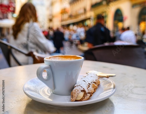 Fototapeta Naklejka Na Ścianę i Meble -  Espresso and cannoli served at outdoor italian cafe