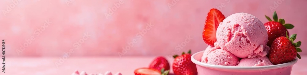 Pink strawberry ice cream with chunks of fresh strawberries , cold, close up, delectable Pink strawberry ice cream with chunks of fresh strawberries , cold, close up, delectable