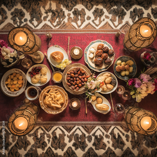 A beautifully crafted Ramadan Iftar table with traditional foods, dates, bread, and tea, reflecting the joy and spirit of breaking fast photo