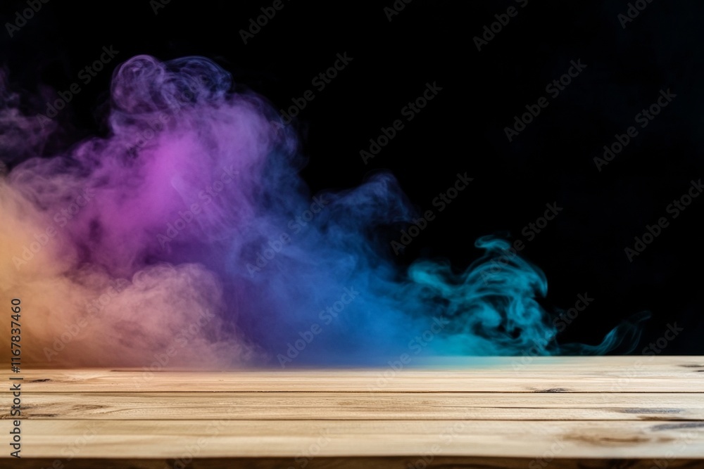 Colorful cloud of smoke is hovering over a wooden table Colorful cloud of smoke is hovering over a wooden table