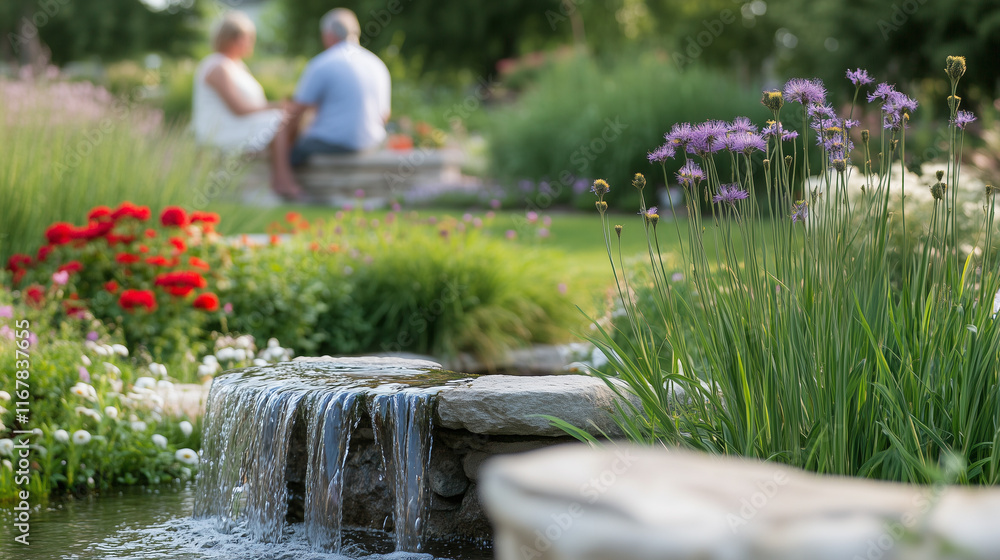 Couple sharing peaceful moment in garden, embracing tranquility and connection amidst nature's beauty.