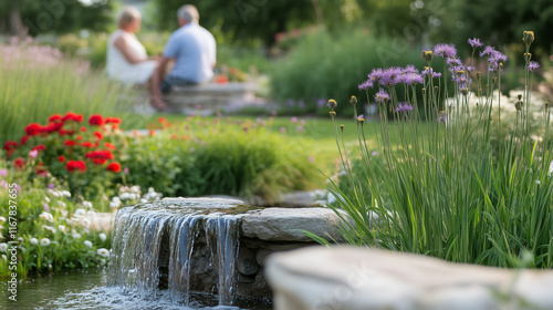 Obraz na płótnie Couple sharing peaceful moment in garden, embracing tranquility and connection amidst nature's beauty. w salonie