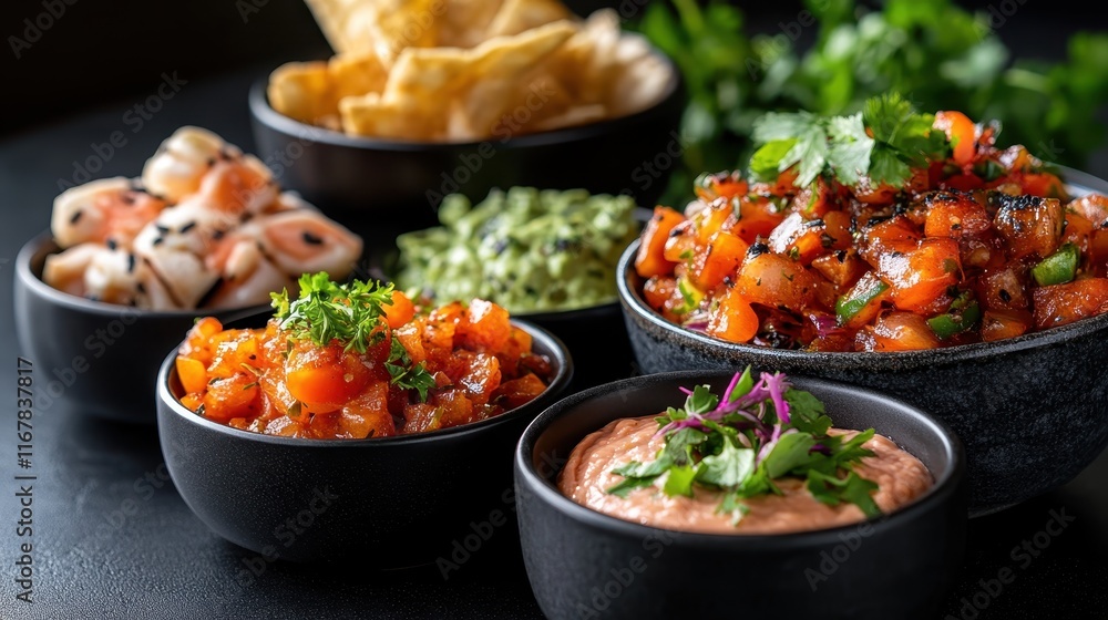 A vibrant display of assorted Mexican dips and snacks, including guacamole, salsa, and tortilla chips, perfect for any gathering or celebration showcasing a delicious spread. A vibrant display of assorted Mexican dips and snacks, including guacamole, salsa, and tortilla chips, perfect for any gathering or celebration showcasing a delicious spread.