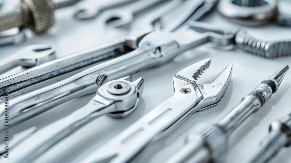Fototapeta premium Close-up of various shiny metal hand tools on white background.