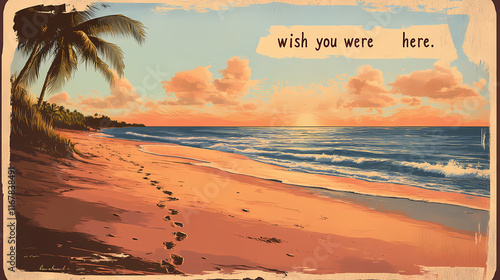 A vintage-style postcard featuring a beach sunset with footprints leading to the horizon and the message 