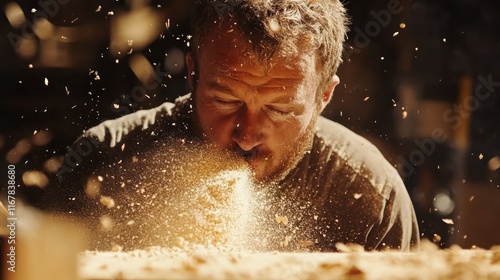 Focused woodworker inhaling wood dust. photo