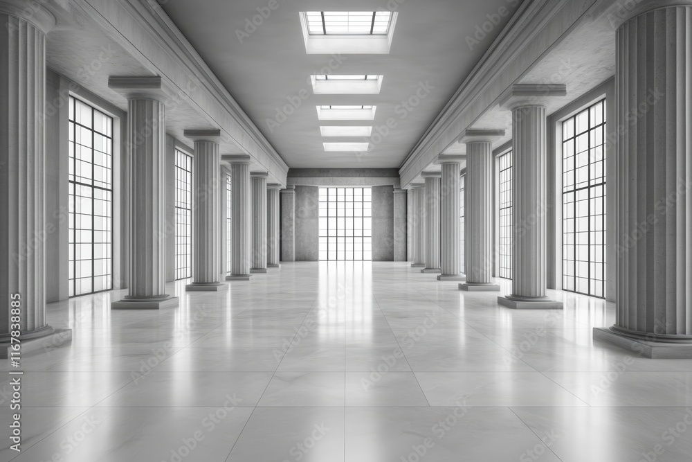 Large, empty room with white pillars and a white floor Large, empty room with white pillars and a white floor