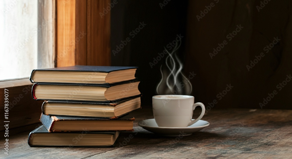 A stack of books with a steaming cup of coffee on a rustic wooden table near a window A stack of books with a steaming cup of coffee on a rustic wooden table near a window