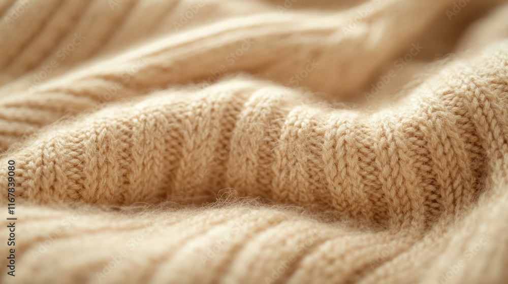 Close-up of a soft, beige knitted sweater fabric with a textured rib pattern. Close-up of a soft, beige knitted sweater fabric with a textured rib pattern.