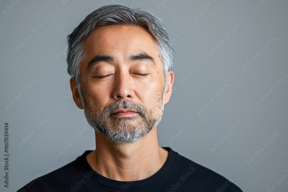 Close-up portrait of a middle-aged asian man with gray hair and a beard, eyes closed, expressing calmness and inner peace against a neutral background. Close-up portrait of a middle-aged asian man with gray hair and a beard, eyes closed, expressing calmness and inner peace against a neutral background.
