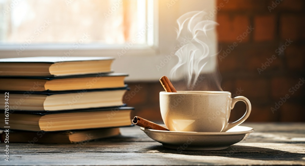 A stack of books with a steaming cup of coffee on a rustic wooden table near a window A stack of books with a steaming cup of coffee on a rustic wooden table near a window