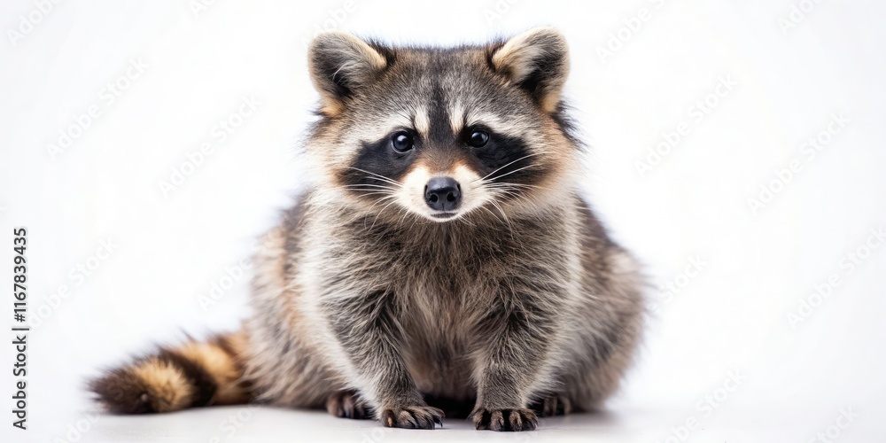 Obraz premium Adorable raccoon explores a miniature world, tilt-shift effect, pure white background.